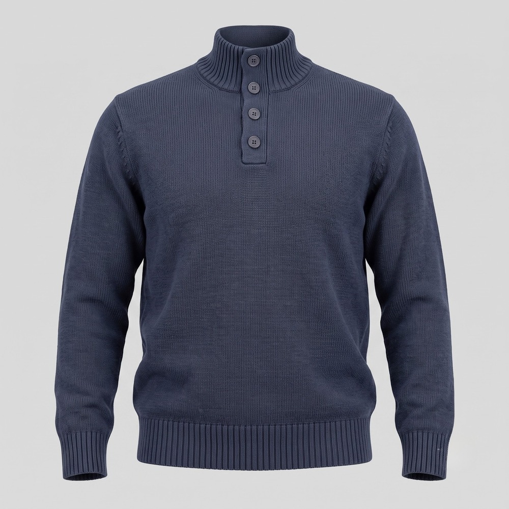 Basic Editions Mens Large Navy Blue Sweater Mock Neck Quarter Button Cotton Knit